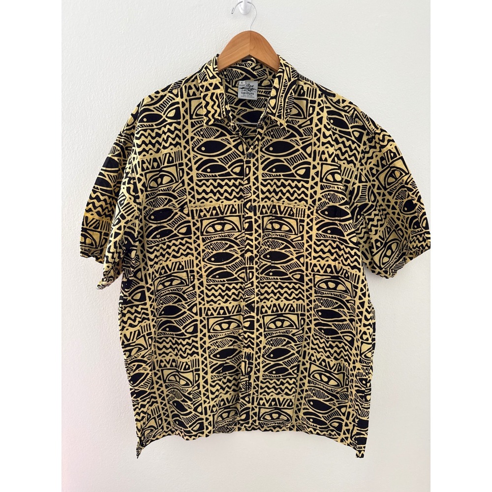 Rum Reggae Cabana Shirt "Fishy Story" Size XL Black and Yellow Resortwear Summer